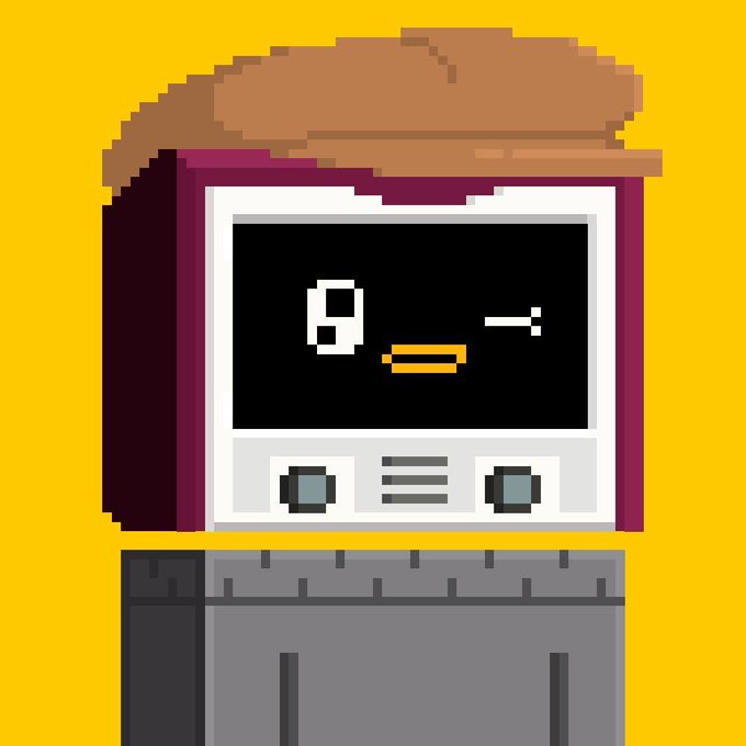 A pixel art illustration features a retro television with a face on its screen, displaying a single white eye and an orange beak-like mouth, topped with a brown cap and resting on a gray base against a yellow background. The quirky character design evokes a nostalgic, arcade-style aesthetic fitting for the post by "Zillions @zecvisions."