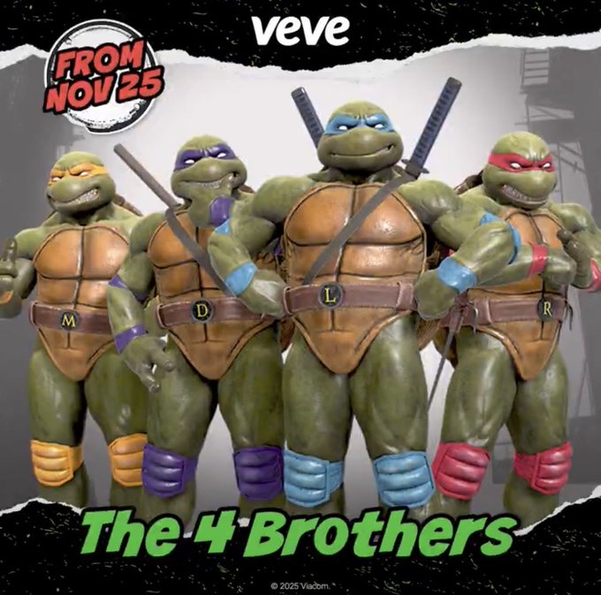 A promotional graphic for 'veve' featuring the Teenage Mutant Ninja Turtles labeled as 'The 4 Brothers' (M, D, L, R), with a 'FROM NOV 25' release date badge.