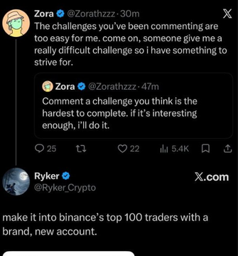 A social media post by Zora (@Zorathzzz) responding to a challenge with 'come on, someone give me a really difficult challenge so i have something to strive for', quoted by Ryker (@Ryker_Crypto) who states 'make it into binance's top 100 traders with a brand, new account.'