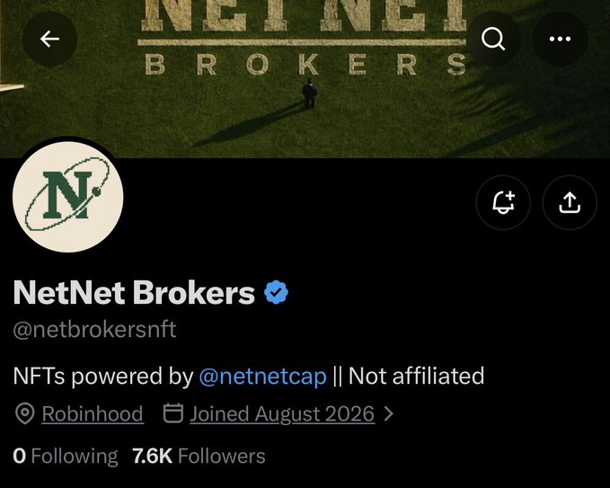 A Twitter profile page for NetNet Brokers (@netbrokersnft), an NFT broker with 7.6K followers that joined in August 2026, bio reading "NFTs powered by @netnetcap || Not affiliated" with a Robinhood location tag. The image supports the post by showing the official NetNet Brokers Twitter account where subscribers can potentially win airdrop spots in the announced raffle.