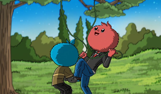 This is a cartoon scene featuring two characters, one wearing a red headband, which appears to be an orange fuzzy animal resembling a mane, and the other holding onto ropes, likely trying to help or rescue him. The image shows the characters interacting with each other in what seems like a playful scenario. A post has been shared on social media where the character with the red headband is being rescued by the other character, who is helping him by holding onto his ropes and guiding him through the process of getting off them.