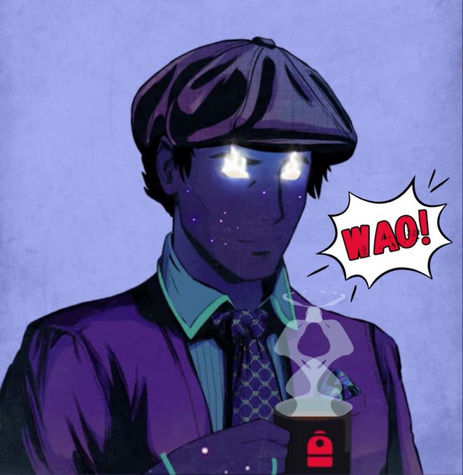 An anime-style illustration of a man in a purple suit and cap with glowing white eyes, holding a steaming cup as a "WAO!" speech bubble appears beside him.