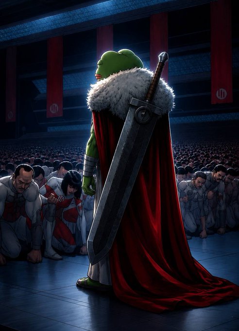 A fantasy-style digital illustration of a green-skinned warrior with a large sword on its back, wearing a fur-collared red cape, standing before a crowd of kneeling figures in an arena.