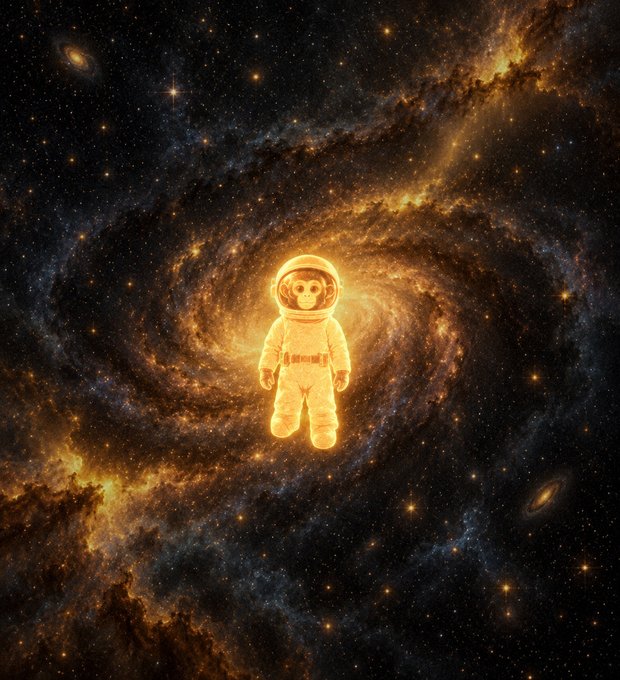 An astronaut monkey in a glowing space suit floats at the center of a swirling golden galaxy, surrounded by stars and cosmic dust—perfectly capturing the "Ascend" theme of exploring the unknown with $moonkey.