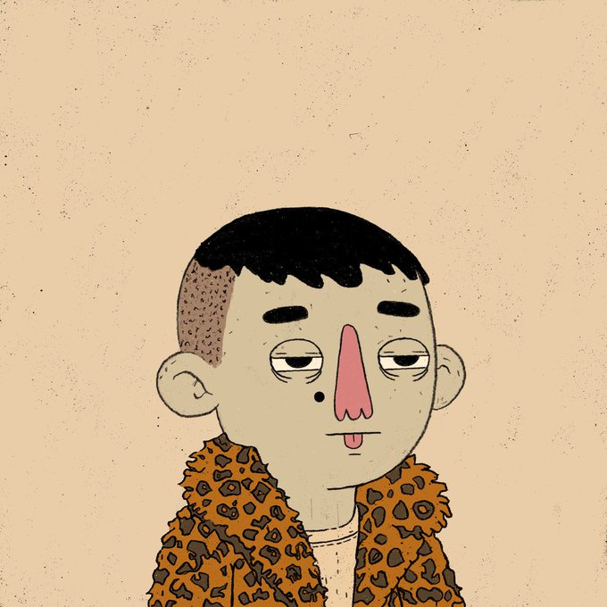 An illustrated portrait of a person with a partially shaved head, tired eyes, and a leopard print jacket against a beige background.