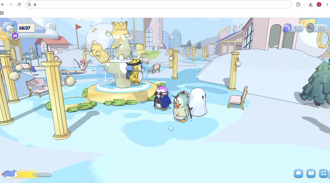 Screenshot of a winter-themed virtual game world featuring cartoon penguin and ghost characters gathered around a fountain with a crowned statue, with a player named "kk137" visible in the top left.