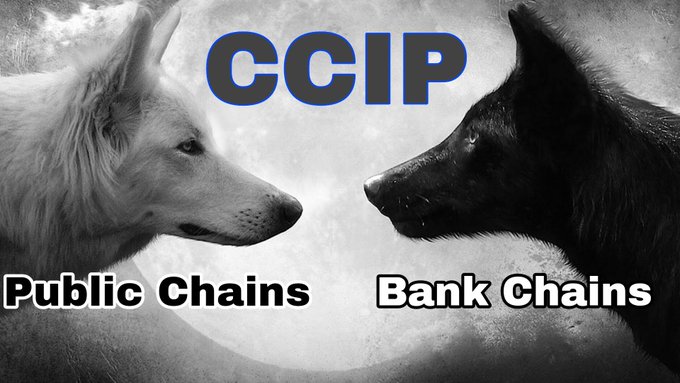 A meme featuring a white wolf labeled 'Public Chains' and a black wolf labeled 'Bank Chains' facing each other under a full moon, with 'CCIP' text at the top.