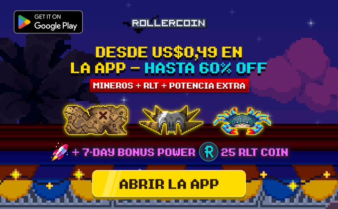A promotional advertisement for the mobile game 'ROLLERCOIN'. Pixelated graphics of a rock, metal, and a virus-like object are shown above a yellow button reading 'ABRIR LA APP'. Text on the screen offers deals starting from 'US$0,49' with up to '60% OFF' and '+ 7-DAY BONUS POWER' and '25 RLT COIN'. A 'GET IT ON Google Play' badge is in the top left.