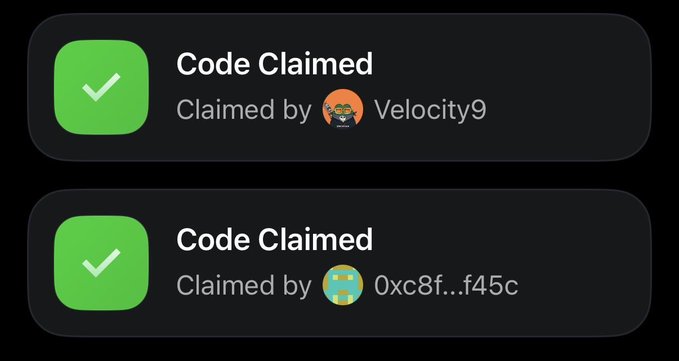 Two 'Code Claimed' notifications in green, one claimed by user 'Velocity9' and another by wallet '0xc8f...f45c'.