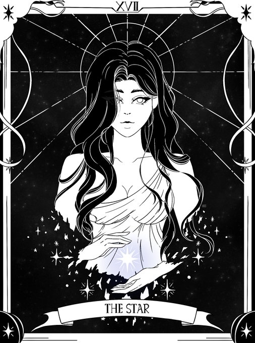 A black and white illustration of a tarot card labeled 'XVII' and 'THE STAR,' depicting a woman pouring water with a glowing light between her hands.
