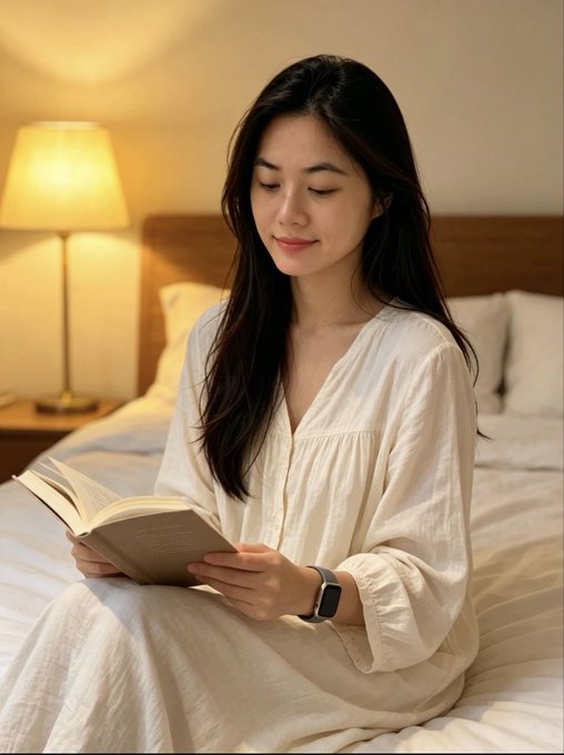 A young woman with long dark hair sits on a bed in a softly lit room, reading a book while wearing a white blouse and a smartwatch.
