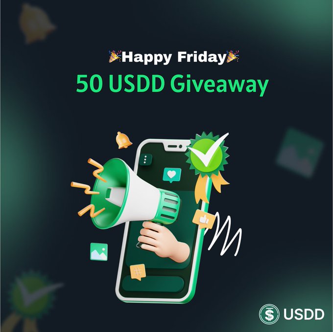 The image features a green smartphone with a white speaker, surrounded by various objects such as a thumbs up sign, a thumbs down sign, and a thumbs up sign along with some text that reads "Happy Friday" and "50 USDD Giveaway". The background of the image is black, which contrasts with the colorful elements on the phone.