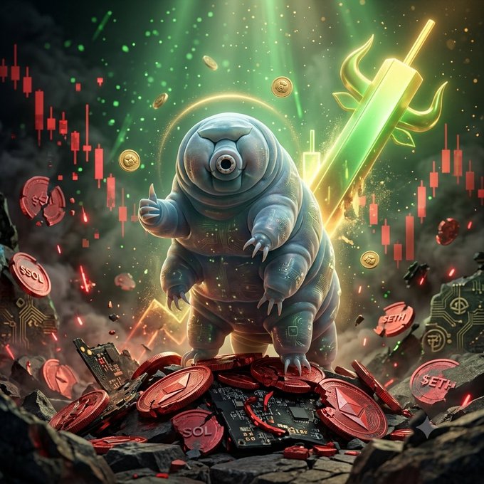 Stylized crypto art depicting a blue tardigrade (water bear) standing on a pile of red Solana (SOL) coins and circuit boards, with a glowing green trident behind it and a price chart background.