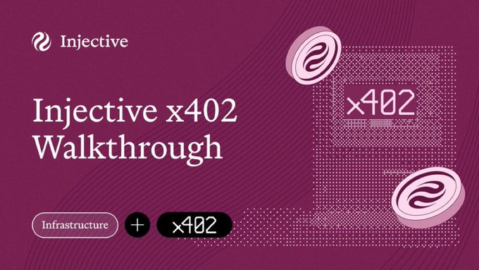 The image features a purple background with white text, including the words "Injective" and "x402 Walkthrough". The text also includes an illustration of a person walking through a city street. The main focus of the image is the phrase "Guys this is actually getting interesting now. AI agents are slowly moving from just using tools to actually paying for the tools they use in real time." This statement suggests that there might be some sort of technological advancement or innovation related to the x402 Walkthrough, possibly involving the use of AI agents and the payment system.