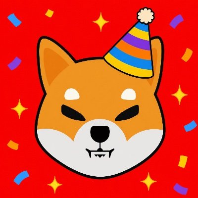 A cartoon Shiba Inu dog wearing a rainbow-striped party hat smiles against a festive red background with colorful confetti and sparkles, celebrating the 6th anniversary of $SHIB.