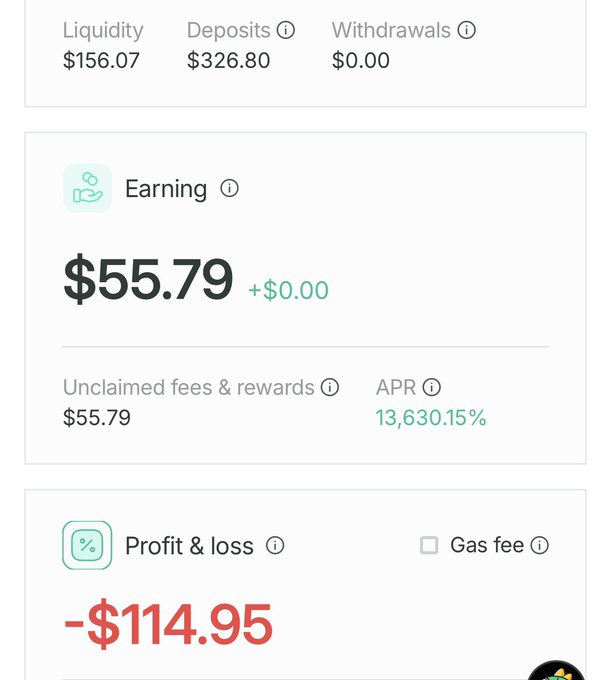 A crypto wallet dashboard shows Liquidity of $156.07, Earning of $55.79 at 13,630.15% APR, and a Profit & loss of -$114.95.