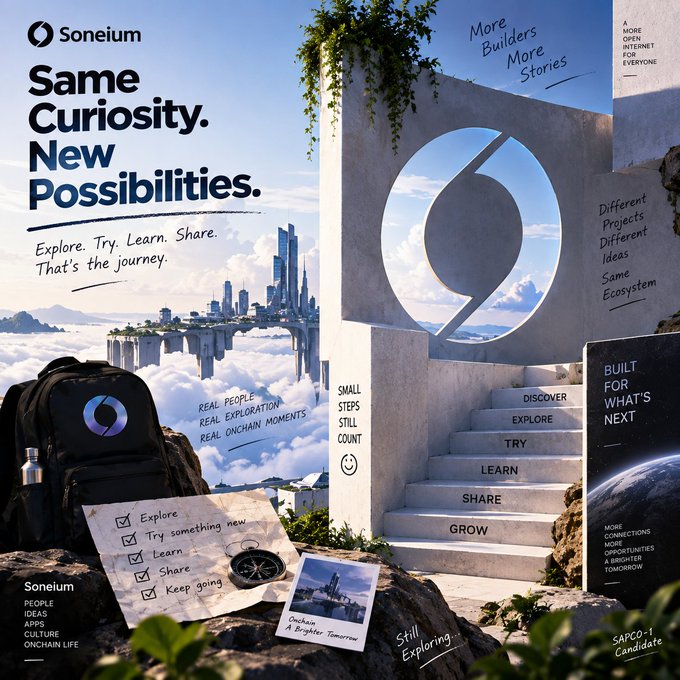 A promotional graphic for Soneium blockchain featuring the text 'Same Curiosity. New Possibilities,' 'Explore. Try. Learn. Share. That's the journey,' and 'More Builders More Stories,' along with imagery of a futuristic floating city, a backpack, and a staircase listing steps like Discover, Explore, Try, Learn, Share, and Grow.
