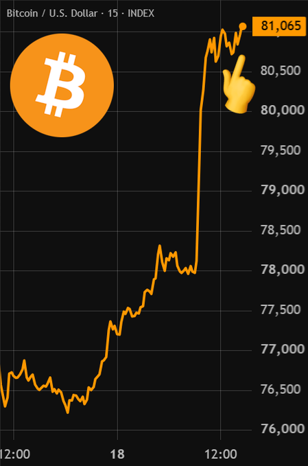 A Bitcoin/U.S. Dollar 15-minute INDEX chart shows the price surging from around $76,500 to a peak of $81,065 (highlighted in orange with a pointing hand emoji), visually illustrating the article's headline that Bitcoin jumped above $81,000 to reach its highest mark in two weeks.