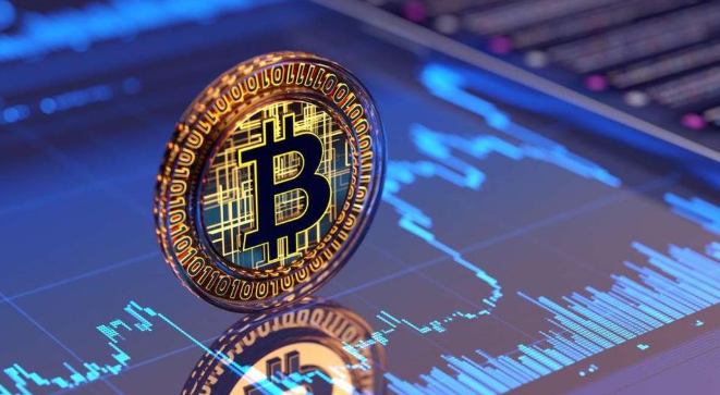 A gold Bitcoin token featuring the iconic "₿" symbol and binary code rim stands upright on a reflective surface, set against a backdrop of glowing blue trading charts displaying market fluctuations. The image visually represents the Vietnamese-language post about Jiang Zhuoer, a veteran Chinese crypto figure and founder of BTOP mining pool, who liquidated his entire Bitcoin position at $82,000 with a price target of $76,000.