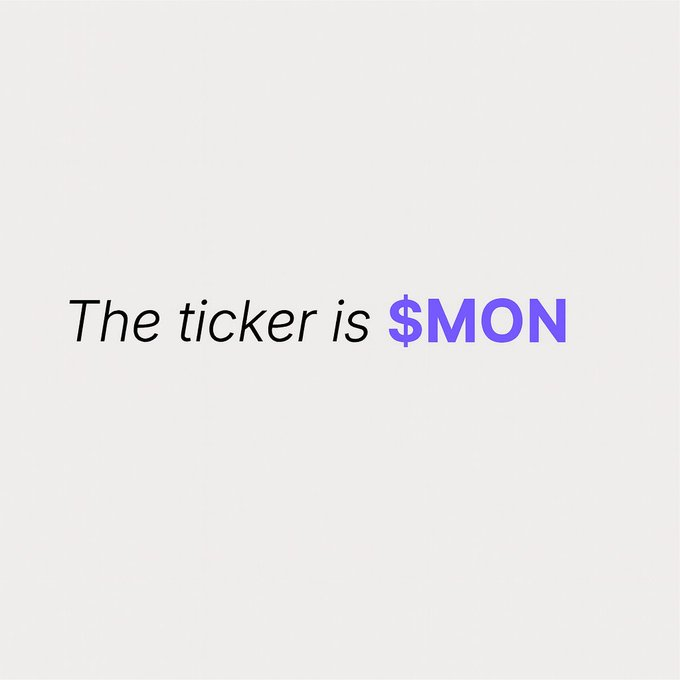 A minimalist image displays the text "The ticker is $MON" in italic black and bold purple lettering on a light gray background. This contradicts the accompanying post claiming the ticker is "$EMO," suggesting either a mismatch or intentional challenge between the visual and stated information.