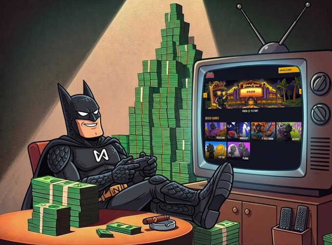 An illustration of Batman relaxing in a chair surrounded by stacks of cash, with his feet up, watching a retro TV showing what appears to be a slot machine game.