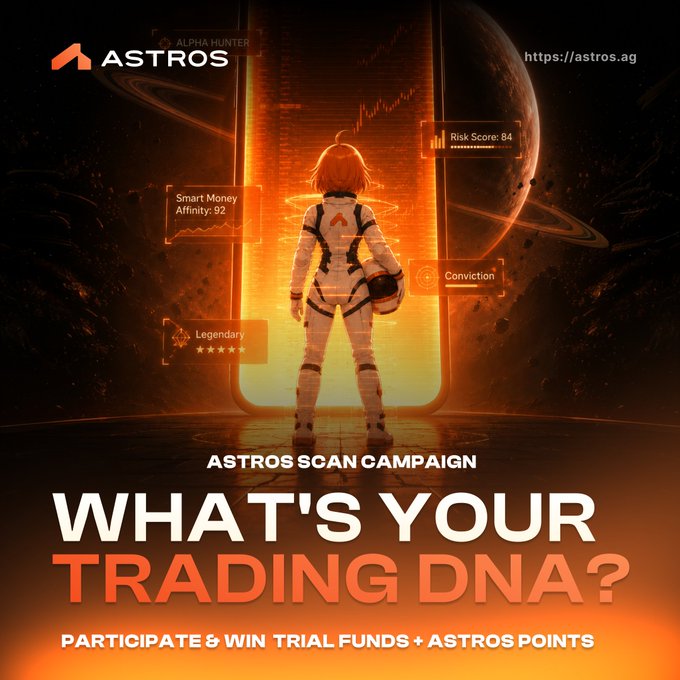 This promotional graphic for Astros' "What's Your Trading DNA?" scan campaign features an astronaut standing before a glowing orange portal with a planet in the background, surrounded by trading metrics including a Risk Score of 84, Smart Money Affinity of 92, and a Legendary rating with five stars. The image ties to the campaign by showcasing a sample trading DNA card concept with futuristic styling, encouraging users to participate between August 20-25 for a chance to win trial funds and Astros points via @WalrusProtocol.