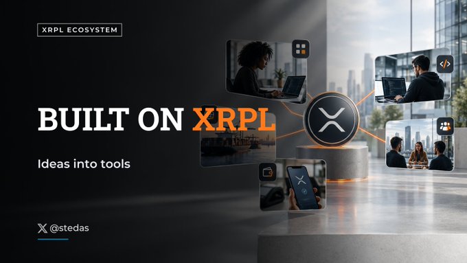 A promotional image for the XRPL Ecosystem reading 'Built on XRPL - Ideas into tools' with the XRP symbol displayed and credited to @stedas.