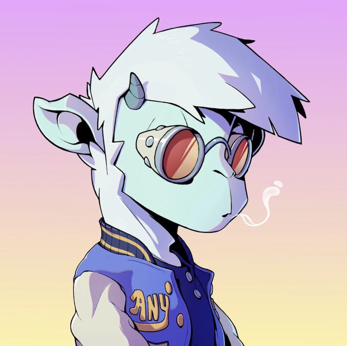 A digital illustration of a white-haired, blue-skinned anime-style character wearing round red sunglasses and a blue varsity jacket with the letter "N" on it, set against a pink-to-yellow gradient background.