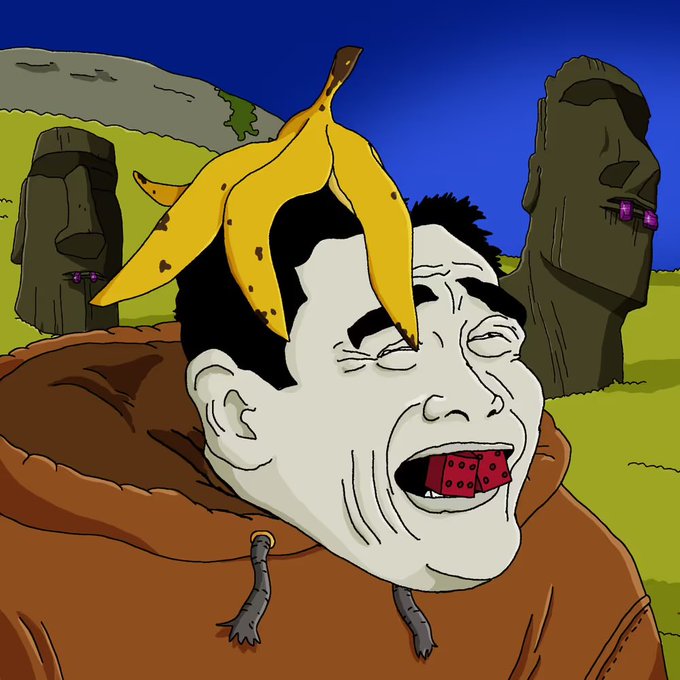 A digital illustration of a pale character wearing a brown robe, with a red fish/marble in their mouth and a banana peel draped on top of their head, standing in front of Moai-like stone statues.