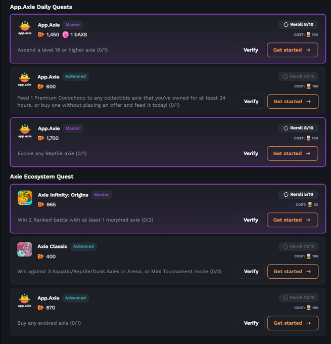 A screenshot of Axie Infinity's daily and ecosystem quest boards displaying tasks with rewards ranging from 400 to 1,700 BAX, including objectives to win 2 Ranked battles in Axie Infinity: Origins (965 BAX) and defeat 3 Aquatic/Reptile/Dusk Axies in Axie Classic (400 BAX), aligning with the post's call to play both Classic and Origins modes.