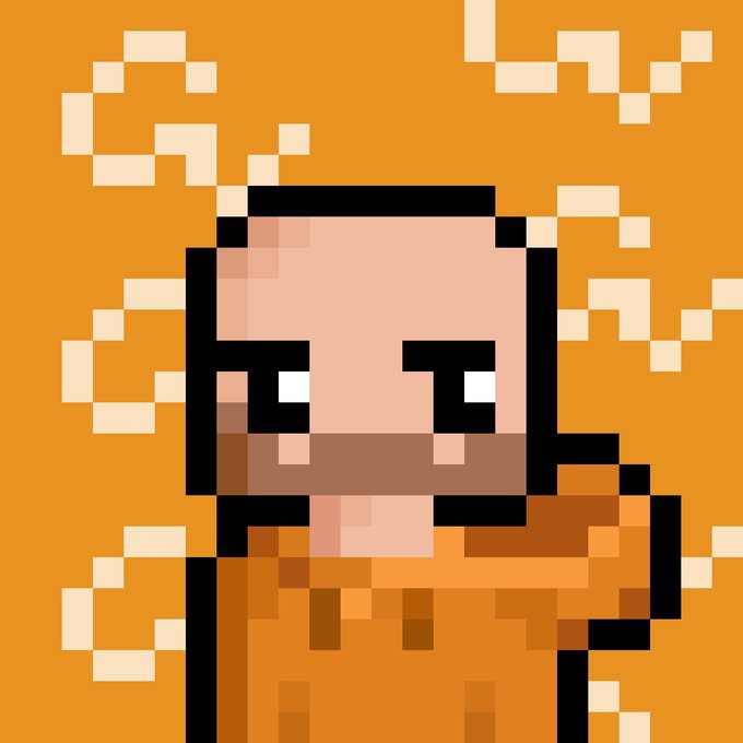 A pixel art illustration depicts a bald character with an orange robe against a vibrant orange background with lighter pixelated clouds, visually representing the "bald honoraries" referenced in the post about the Gorilla Labs community receiving whitelist access for the Office NFT mint.
