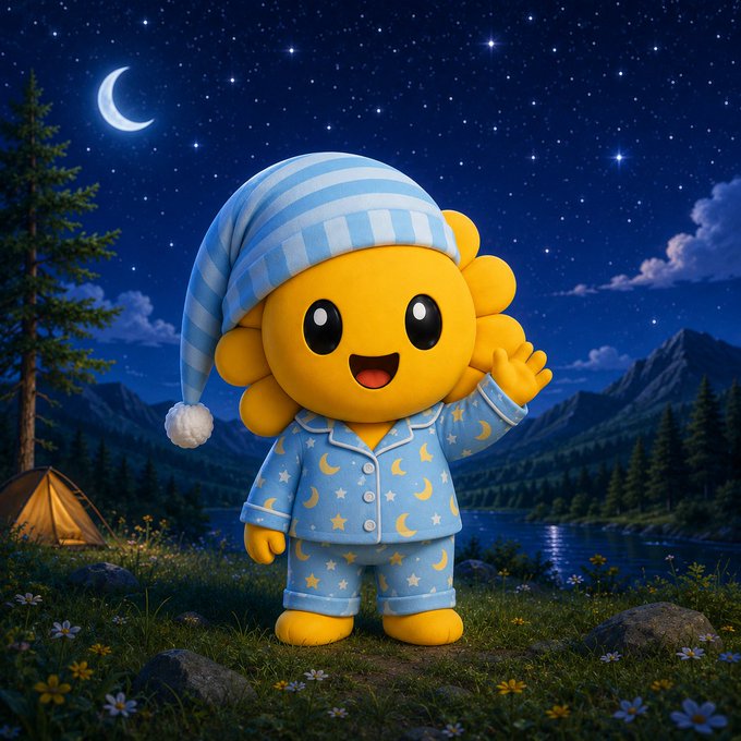 A cute yellow flower-like cartoon character wearing blue pajamas and a nightcap, standing in a nighttime outdoor setting with a tent and crescent moon.