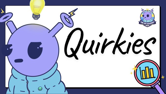 A logo/branding graphic for 'Quirkies' featuring a purple cartoon character with antennas, a lightbulb, coins, and The Art Academy badge.
