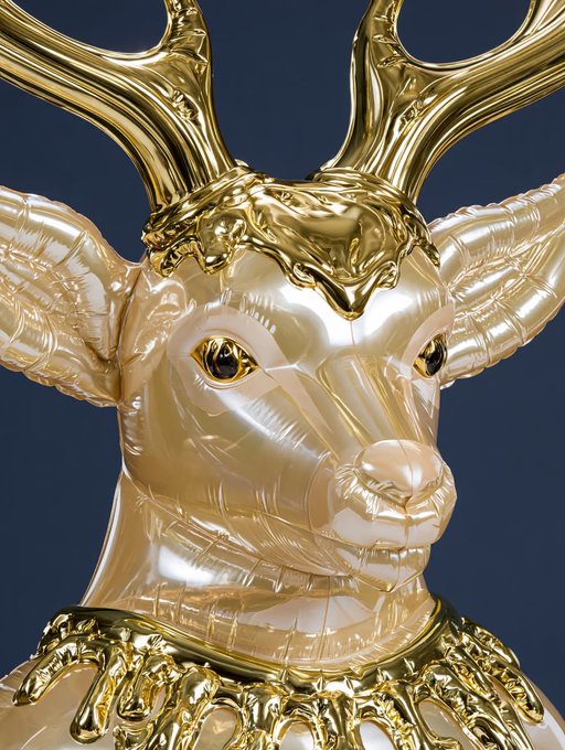 A striking close-up of an ornate deer or stag sculpture with a metallic gold and iridescent finish, featuring elaborate branching antlers and detailed eyes against a dark blue background.