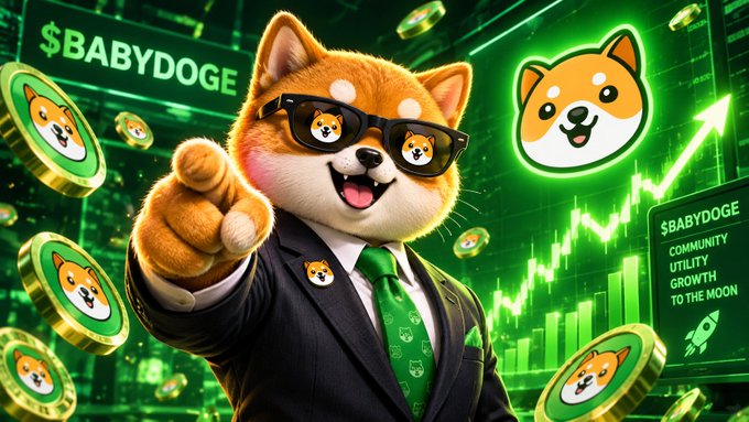 An AI-generated promotional image features an anthropomorphic Shiba Inu dog wearing a suit, green tie, and sunglasses with dog logos, pointing at the viewer against a green background filled with falling coins, $BABYDOGE tokens, and text reading 'COMMUNITY UTILITY GROWTH TO THE MOON'.