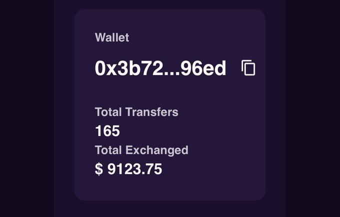 A crypto wallet display showing an address starting with '0x3b72...96ed' with 165 total transfers and a total exchanged amount of $9,123.75.