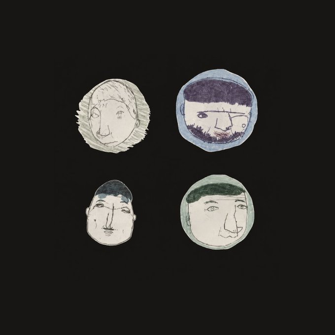 Four hand-drawn circular face illustrations in different styles and colors are arranged in a 2x2 grid on a black background, each depicting a different male character with varying facial features and hairstyles.