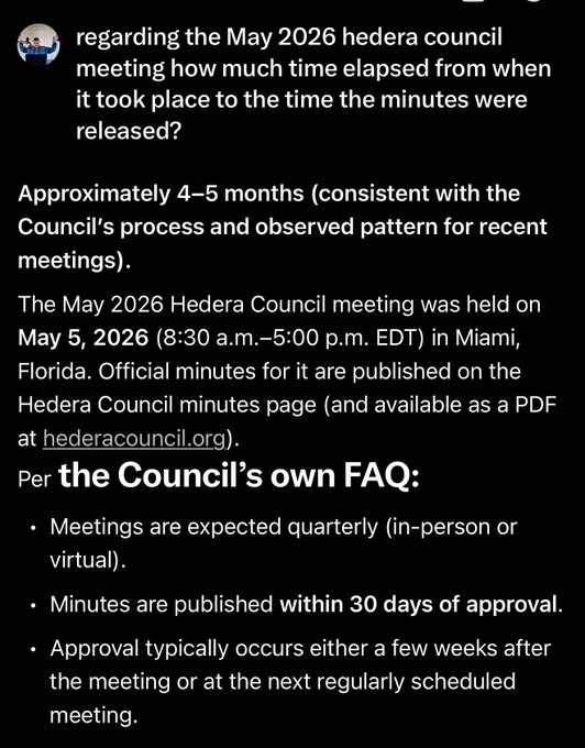 A text reply addressing a question about the May 2026 Hedera council meeting, stating it took 'Approximately 4-5 months' to release the minutes, and listing FAQ points like meetings being expected quarterly and minutes published within 30 days.