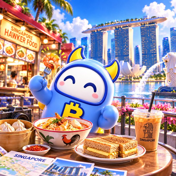 A cheerful blue mascot character enjoys Singapore hawker food including noodles, dumplings, kaya toast, and a "SINGAPORE" branded drink, set against the iconic Marina Bay Sands skyline and Merlion statue. The image captures a fun, food-filled "Good Morning Singapore" vibe matching the post's cheerful greeting about everything being good in the city.