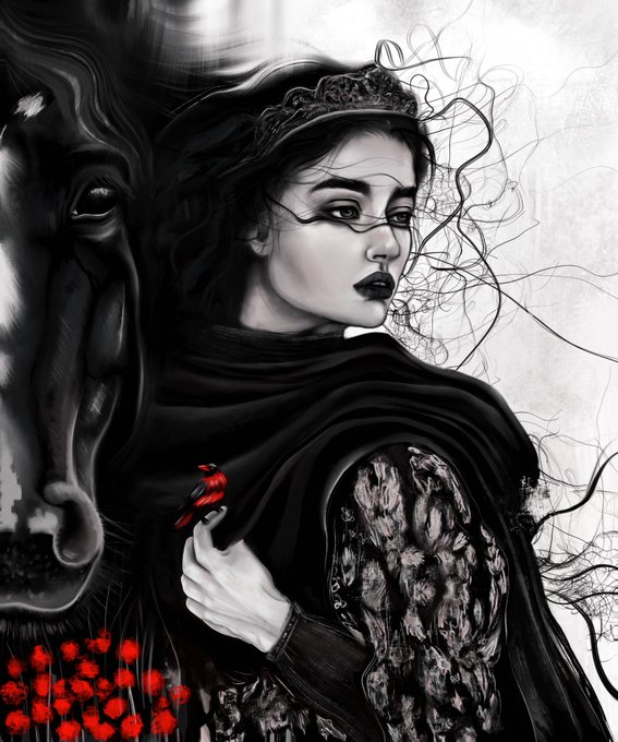 A haunting black-and-white illustration depicts a regal woman wearing a crown and dark cloak, gently cradling a small red bird, with a shadowy horse emerging from behind her against a misty, thread-like background. The artwork's ethereal atmosphere and intricate line work complement the title "Invisible Threads," while the striking pop of red from the bird and scattered flowers echoes the emotional weight of this 1/1 piece.