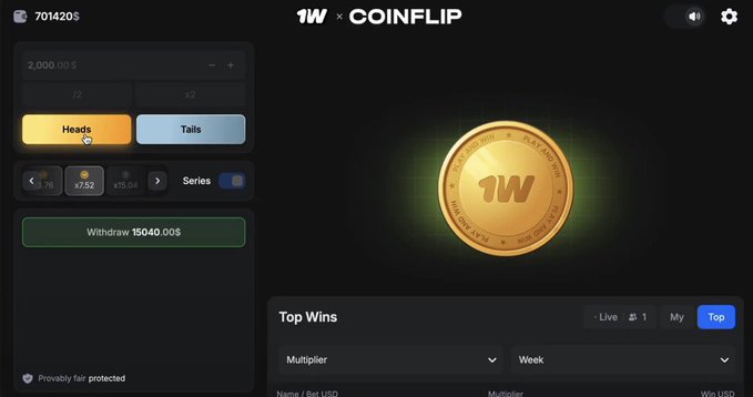 A '1W × COINFLIP' gambling interface showing a coin flip game with Heads/Tails buttons, a bet of 2,000.00$, and a withdraw option of 15040.00$.