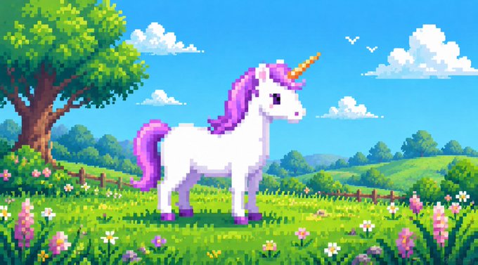 Pixel art illustration of a white unicorn with a purple mane and tail and a golden horn standing in a grassy meadow with flowers, a large tree, and rolling hills under a blue sky.