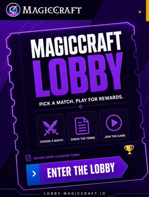 A promotional graphic for 'MAGICCRAFT LOBBY' with options to choose a match, check terms, or join the game, featuring an 'ENTER THE LOBBY' button.