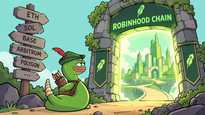 A green frog character wearing a Robin Hood hat with a quiver stands before a stone archway labeled "ROBINHOOD CHAIN," while a wooden signpost points toward other blockchain options including "ETH," "SOL," "BASE," "ARBITRUM," and "POLYGON." The illustration brings the post's narrative to life by visually depicting the moment the character chooses Robinhood Chain over other major blockchain networks, matching the lore-based announcement described in the text.