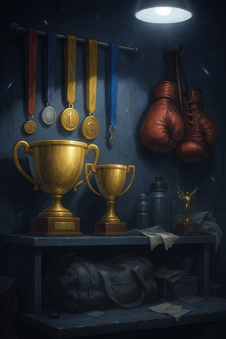 Two gold trophies, including one marked "1," sit on a shelf beneath medals and boxing gloves, symbolizing the championship prizes awaiting distribution to competition winners.