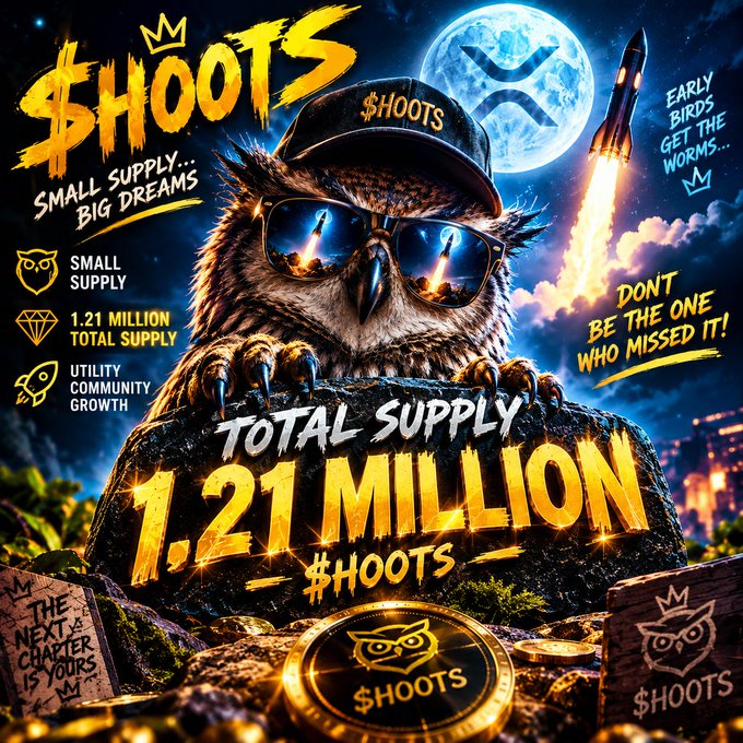 A promotional graphic for the $HOOTS cryptocurrency featuring an owl wearing sunglasses and a cap, highlighting 'TOTAL SUPPLY 1.21 MILLION' and 'SMALL SUPPLY... BIG DREAMS' with rocket imagery.