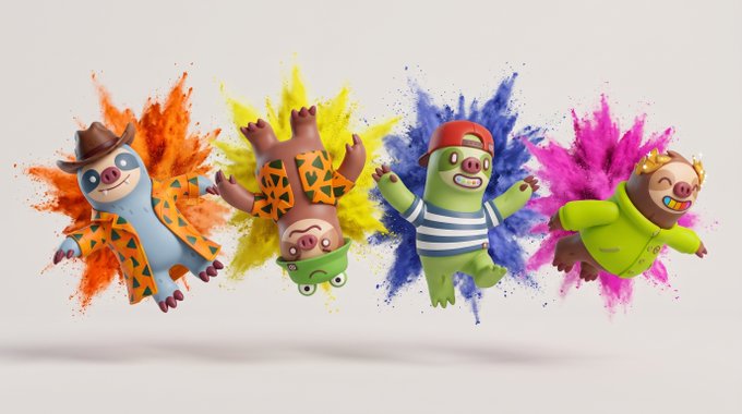 Four cartoon pigs leap across a white background with orange, yellow, blue, and magenta paint splashes behind them.