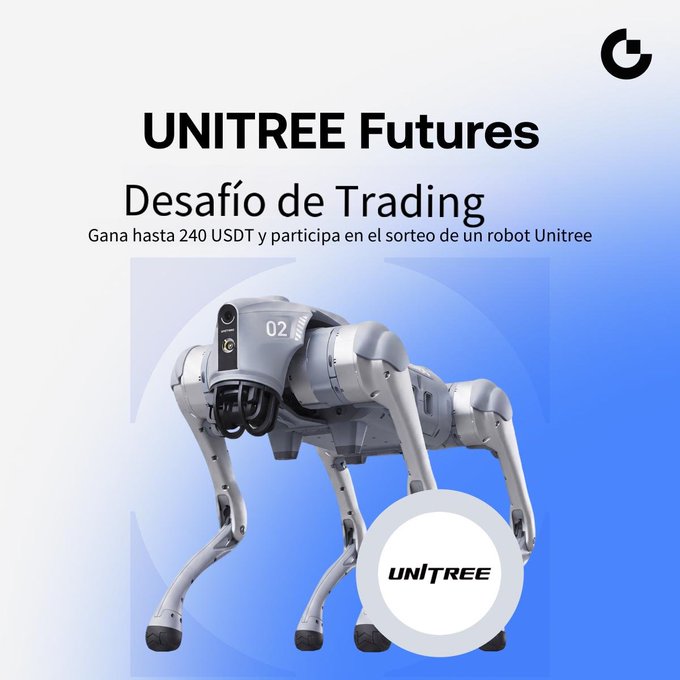 Promotional graphic for the "UNITREE Futures Trading Challenge," offering up to 240 USDT and a chance to win a Unitree robot, featuring an image of a Unitree quadruped robot alongside the Unitree logo.