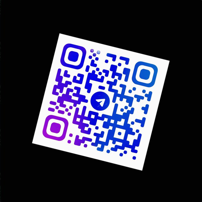 A purple and blue gradient QR code with a Telegram logo in the center is displayed against a black background.