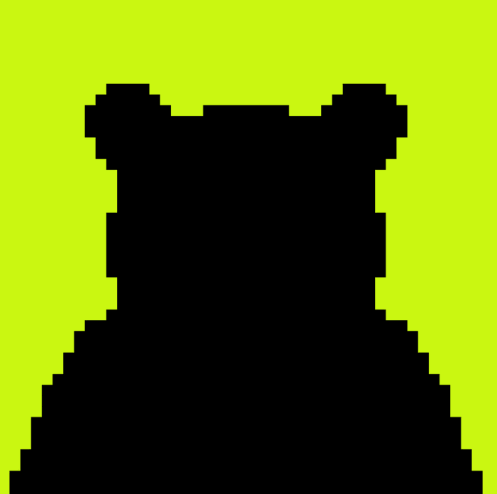 A pixelated black silhouette of a bear-like figure with ears stands against a bright green-yellow background.